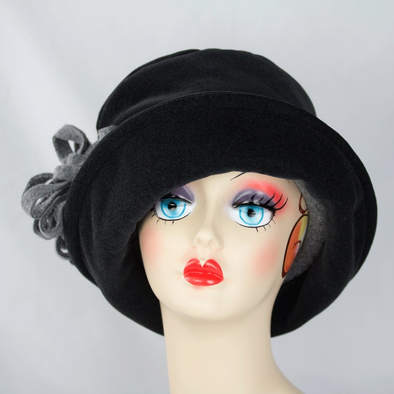 1920s Retro Black Cloche w Upturn Brim Black Fleece Rolled Brim Winter Hat w/ Oversize Floppy Flower or Silver Starburst Rhinestone Brooch image 6