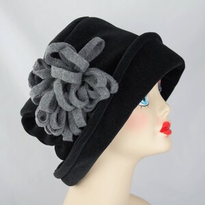 1920s Retro Black Cloche w Upturn Brim Black Fleece Rolled Brim Winter Hat w/ Oversize Floppy Flower or Silver Starburst Rhinestone Brooch Black, floppy flower