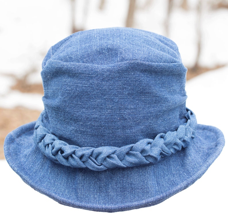 Women's Blue Denim Hat with Curled Brim Upturned Rolled Brim Full Coverage Tall Crown & Braided Hat Band Festival Hat Denim Cloche image 6