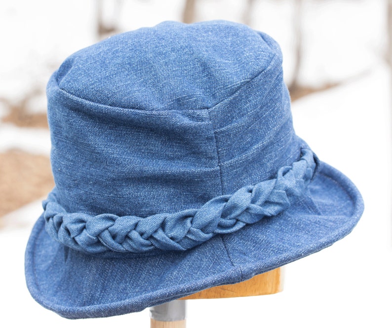 Women's Blue Denim Hat with Curled Brim Upturned Rolled Brim Full Coverage Tall Crown & Braided Hat Band Festival Hat Denim Cloche image 3