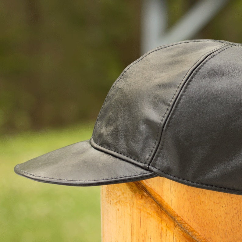 Black Leather Baseball Cap with Adjustable Strap Back 6 Panel Hat with Top Stitching in Genuine Leather Black Cap Brimmed Visor Cap image 2