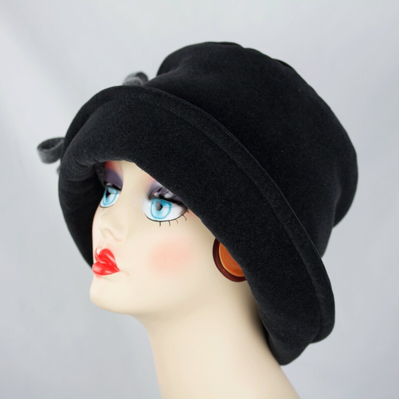 1920s Retro Black Cloche w Upturn Brim Black Fleece Rolled Brim Winter Hat w/ Oversize Floppy Flower or Silver Starburst Rhinestone Brooch image 4