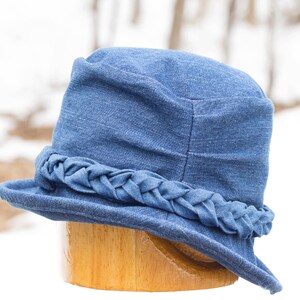 Women's Blue Denim Hat with Curled Brim Upturned Rolled Brim Full Coverage Tall Crown & Braided Hat Band Festival Hat Denim Cloche image 5