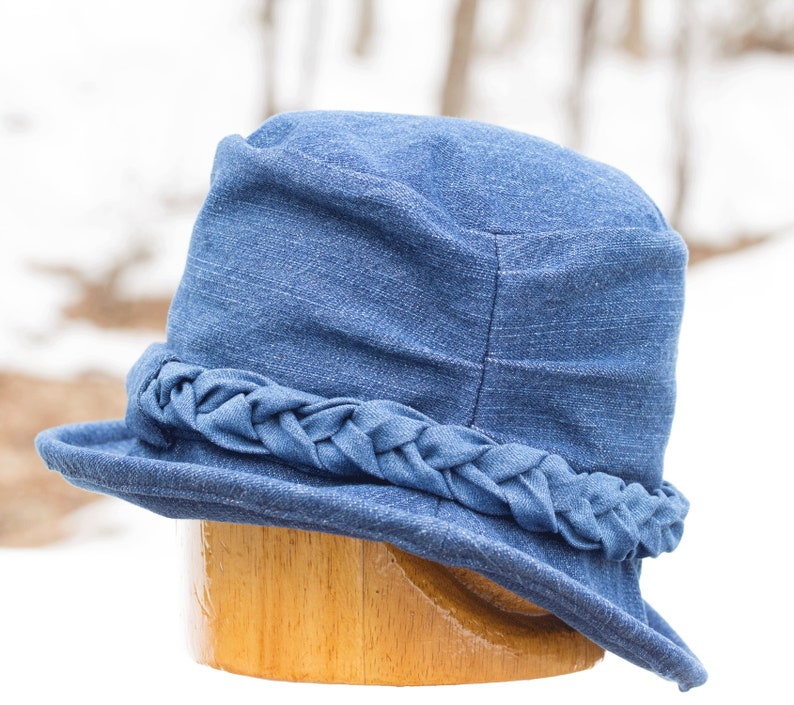 Women's Blue Denim Hat with Curled Brim Upturned Rolled Brim Full Coverage Tall Crown & Braided Hat Band Festival Hat Denim Cloche image 5