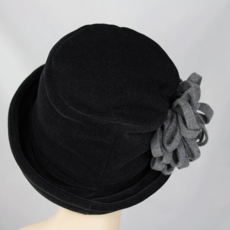 1920s Retro Black Cloche w Upturn Brim Black Fleece Rolled Brim Winter Hat w/ Oversize Floppy Flower or Silver Starburst Rhinestone Brooch image 5