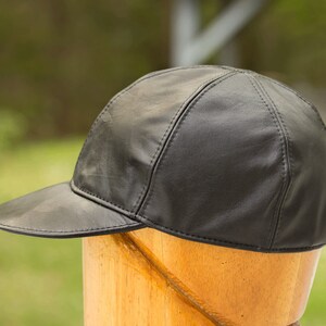 Black Leather Baseball Cap with Adjustable Strap Back 6 Panel Hat with Top Stitching in Genuine Leather Black Cap Brimmed Visor Cap image 4