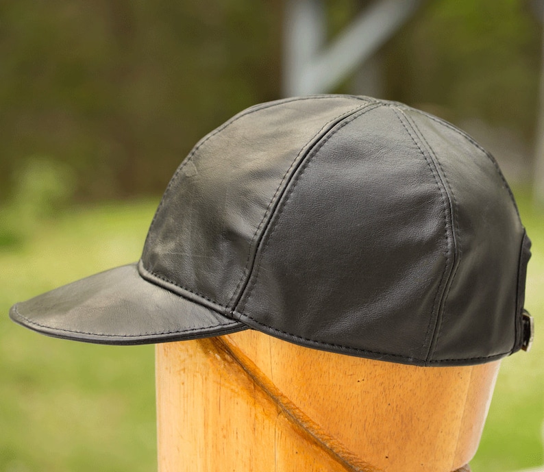 Black Leather Baseball Cap with Adjustable Strap Back 6 Panel Hat with Top Stitching in Genuine Leather Black Cap Brimmed Visor Cap image 4