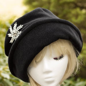 1920s Retro Black Cloche w Upturn Brim Black Fleece Rolled Brim Winter Hat w/ Oversize Floppy Flower or Silver Starburst Rhinestone Brooch Black, crystal pin