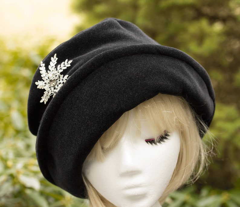 1920s Retro Black Cloche w Upturn Brim Black Fleece Rolled Brim Winter Hat w/ Oversize Floppy Flower or Silver Starburst Rhinestone Brooch Black, crystal pin