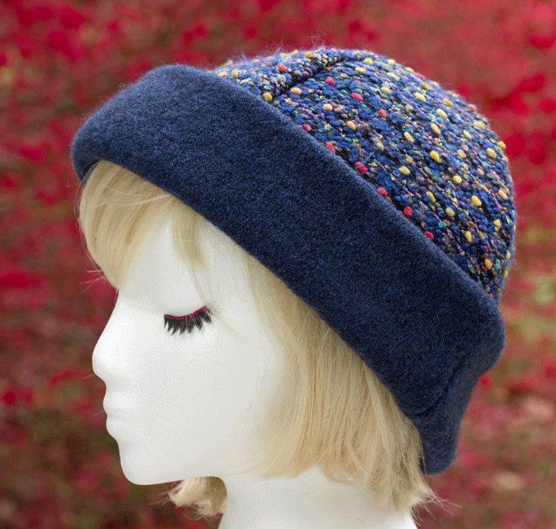 Dark Blue Hat with Cuff Brim SmartWool Brim Beanie Style Cloche Women/'s Blue Cloche Hat Warm Winter Beanie w Roll Up Brim Church Hat