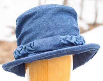 Women's Blue Denim Hat with Curled Brim | Upturned Rolled Brim | Full Coverage Tall Crown & Braided Hat Band | Festival Hat | Denim Cloche