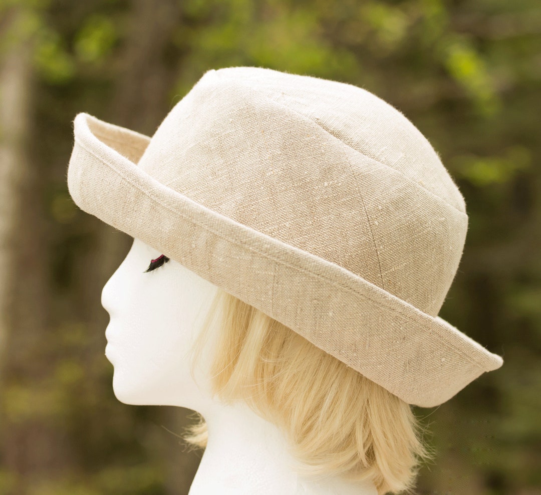 Women Linen Summer Hat Rolled Brim off White Wide Upturned Brim
