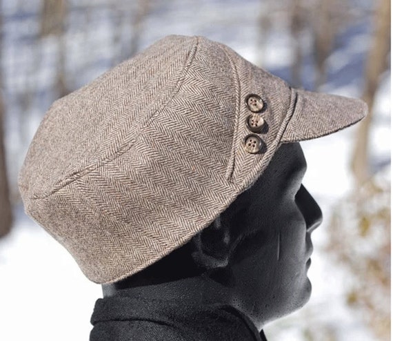 Brown Wool Cadet Cap in Herringbone Wool Warm Winter Baseball Cap