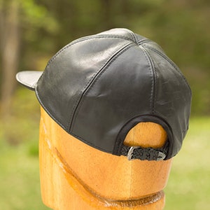 Black Leather Baseball Cap with Adjustable Strap Back 6 Panel Hat with Top Stitching in Genuine Leather Black Cap Brimmed Visor Cap image 6