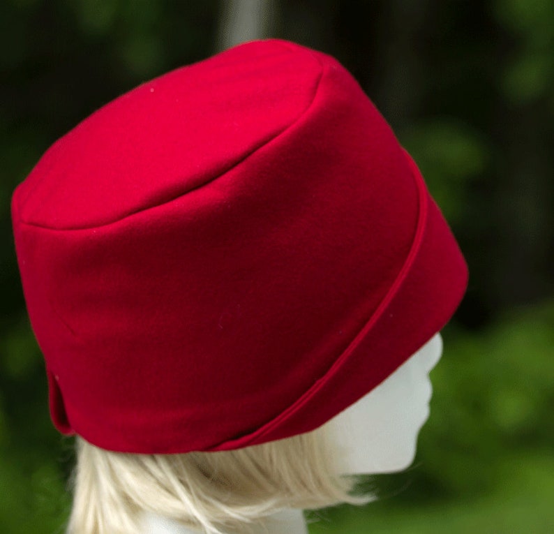Lined 20s Gatsby Style Flapper Small Red Church Hat Red Pillbox Hat Upcycled Hat with Lapel Accent Tall Crown Red Wool Cloche
