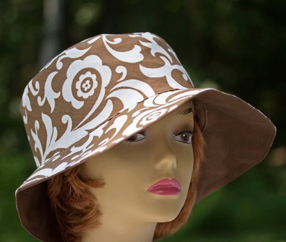 Brown and White Summer Hat Cotton Bucket Hat Womens Brown Sun Hat Packable  Spring Summer Reversible Sun Hat Wide Brim W/ Ribbon 