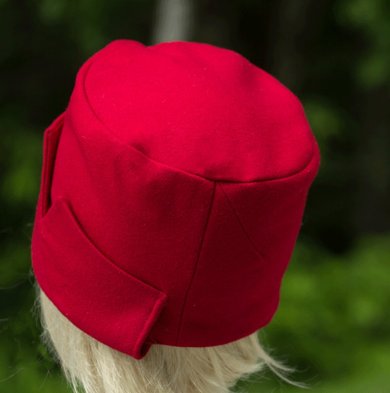 Lined 20s Gatsby Style Flapper Small Red Church Hat Red Pillbox Hat Upcycled Hat with Lapel Accent Tall Crown Red Wool Cloche