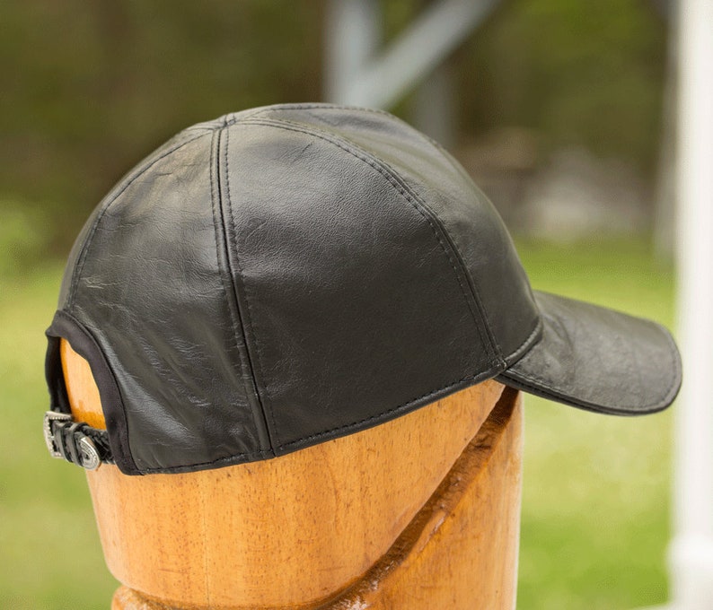 Black Leather Baseball Cap with Adjustable Strap Back 6 Panel Hat with Top Stitching in Genuine Leather Black Cap Brimmed Visor Cap image 3