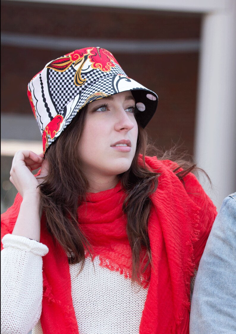 Women's Summer Cotton Bucket Hat Reversible Sun Hat Cloche in Red Black White Check & Polka Dot Hat Beach and Garden Hat image 5