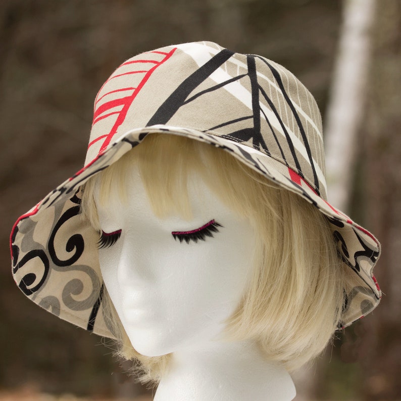 Summer Hat in Black Red Floral on Beige Brimmed Cotton Duck Sun Hat Reversible Bucket Hat for Beach Vacation image 2