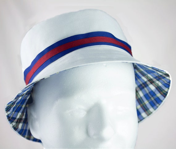 Mens Bucket Hat in White Cotton Reversible Plaid Custom Bucket Hat Korean  Archery Sports Team Summer Golf Hat, Navy, White -  Canada