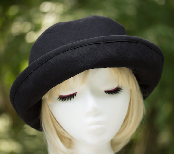 Womens Upturned Brim Hat in Black or Navy Blue Linen Weave | Curled Brim Boating & Sailing Hat | Cape Breton Sun Hat, Bowler w/ Roll Up Brim