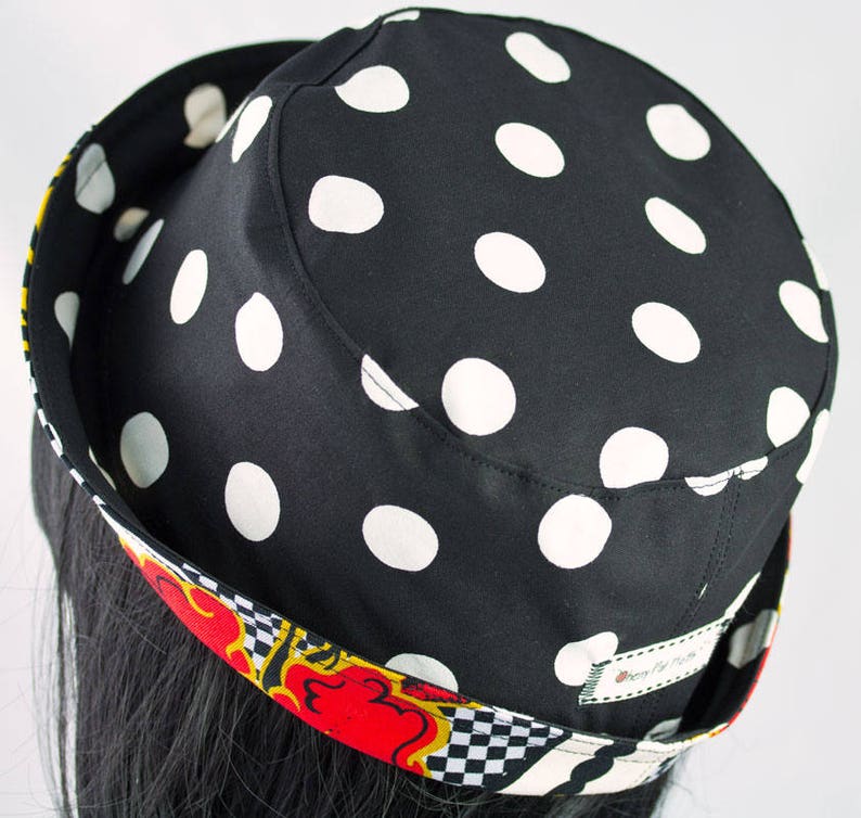 Women's Summer Cotton Bucket Hat Reversible Sun Hat Cloche in Red Black White Check & Polka Dot Hat Beach and Garden Hat image 8