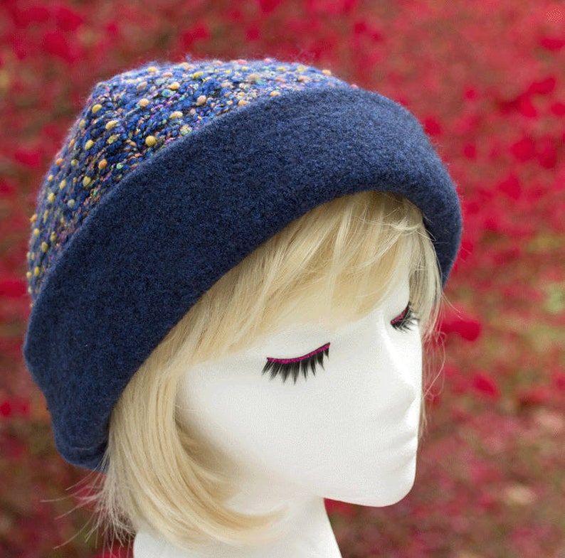 Dark Blue Hat with Cuff Brim SmartWool Brim Beanie Style Cloche Women/'s Blue Cloche Hat Warm Winter Beanie w Roll Up Brim Church Hat