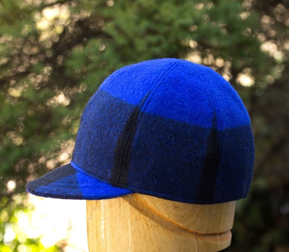 Blue Wool Baseball Cap in Big Buffalo Plaid Blue Black Checked