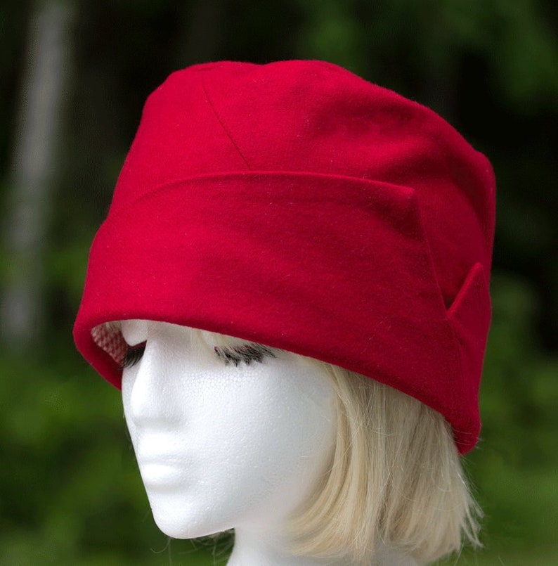 Lined 20s Gatsby Style Flapper Small Red Church Hat Red Pillbox Hat Upcycled Hat with Lapel Accent Tall Crown Red Wool Cloche
