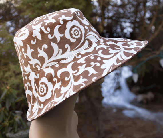 Brown and White Summer Hat | Cotton Bucket Hat | Womens Brown Sun Hat Packable | Spring Summer Reversible Sun Hat Wide Brim w/ Ribbon