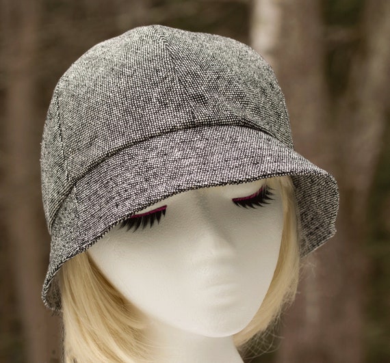 Women's Tweed Hat in Black White Wool Silk 6 Panel Gray Bucket Hat