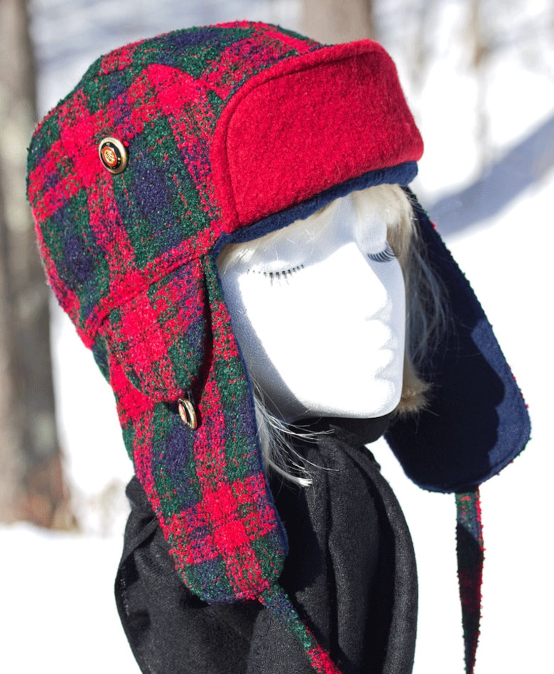 Camp Hat Winter Trapper Hat Red Plaid Lumberjack Hat in Plaid Aviator Bomber Hat Red Plaid Winter Cap Wool Ear Flap Hat