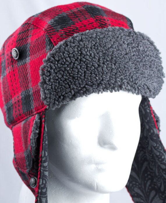 Red Plaid Lumberjack Hat Winter Hunter Trapper Aviator Hat Etsy