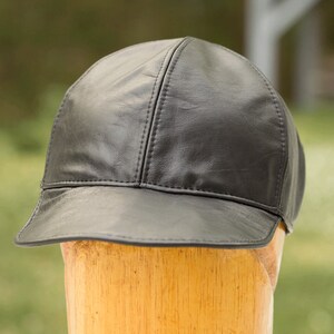 Black Leather Baseball Cap with Adjustable Strap Back 6 Panel Hat with Top Stitching in Genuine Leather Black Cap Brimmed Visor Cap image 5