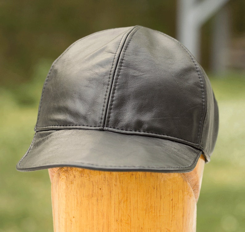 Black Leather Baseball Cap with Adjustable Strap Back 6 Panel Hat with Top Stitching in Genuine Leather Black Cap Brimmed Visor Cap image 5