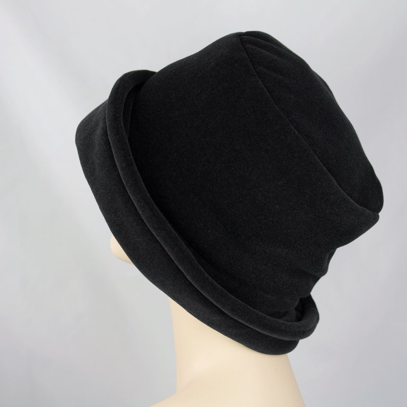 1920s Retro Black Cloche w Upturn Brim Black Fleece Rolled Brim Winter Hat w/ Oversize Floppy Flower or Silver Starburst Rhinestone Brooch Black fleece, no pin