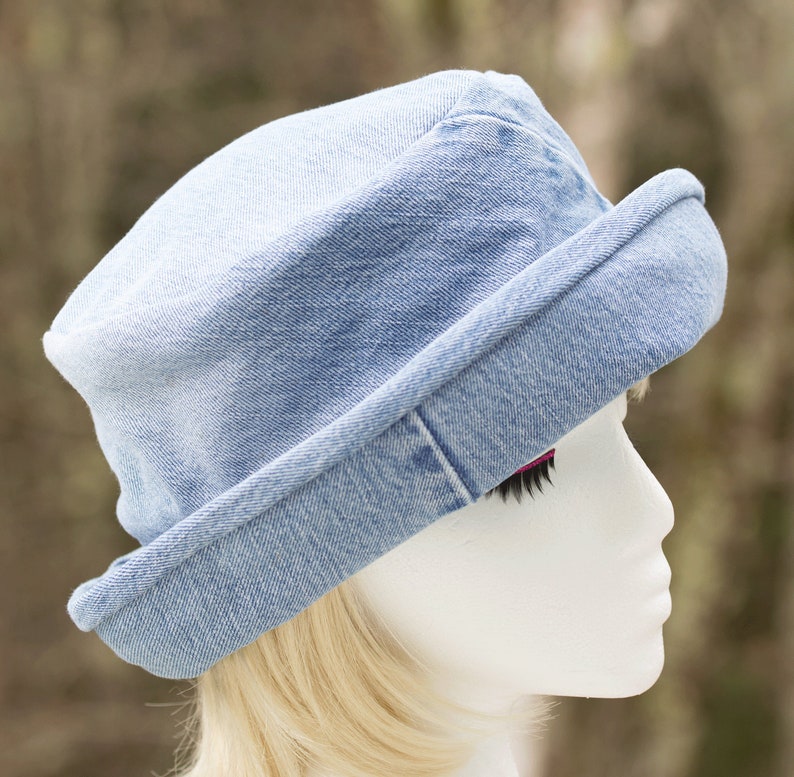 Denim Rolled Curled Brim Cloche Light Blue Summer Hat Washed Denim Sun