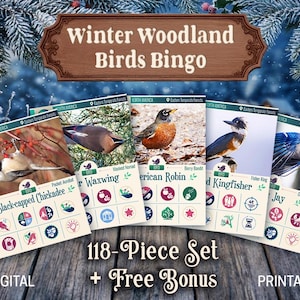 May include: A Winter Woodland Birds Bingo game set featuring five illustrated cards with North American bird species including the Black-capped Chickadee, Cedar Waxwing, American Robin, Belted Kingfisher, and Blue Jay, plus a 118-piece digital printable set.