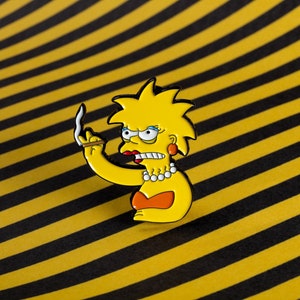 May include: Yellow cartoon character with blue eyes and a cigarette in her hand. The character is wearing a yellow dress and a necklace. The background is a black and yellow striped pattern.