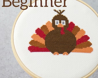Cute Turkey Cross Stitch Pattern, Beginner Thanksgiving Embroidery (PDF Download)