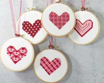 Love Hearts Counted Cross Stitch Set of 5 Patterns, Valentine's Day Crafts, Embroidery PDF Pattern, Modern Cross Stitch, Instant Download