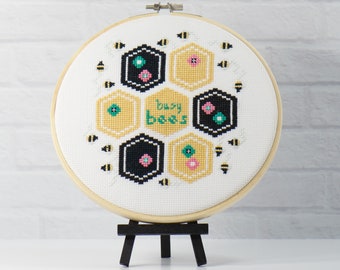 Busy Bees Counted Cross Stitch Pattern for the beginner stitcher. Cute bees with gold and black honeycomb and flowers in PDF digital