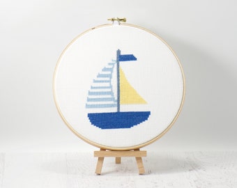 Baby Blue Sailboat Cross Stitch Pattern, Easy PDF Download, DIY Baby Gift, Nursery Decor, Baby Shower Gifts, Do It Yourself Hand Embroidery