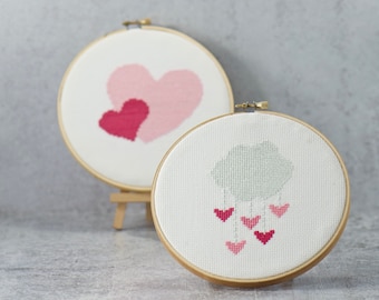 Valentine's Day Cute Pink Cross Stitch Pattern Bundle of 2, Modern Cross Stitch, Simple Pink Hearts + Clouds Counted Cross Stitch Design