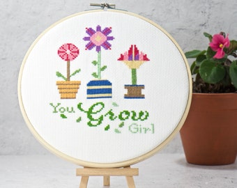 Funny Plant Humor Cross Stitch Pattern for the flower grow challenged. Cute easy house plant embroidery for the beginner diy stitcher