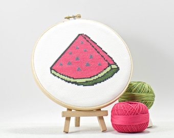 Summer Juicy Watermelon Cross Stitch Pattern, DIY Craft Sewing Pattern, Picnic Basket Snack Design, Easy Simple Embroidery, Instant Download