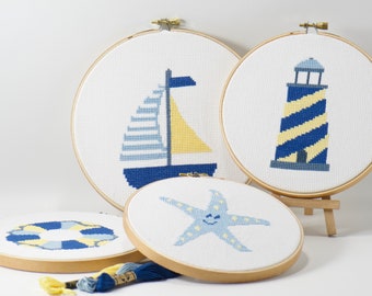 Ocean Decor Theme Cross Stitch Pattern Bundle, Baby Nursery Wall Art, Blue Lighthouse, DIY Hand Embroidery, Starfish Baby Shower Gift Idea