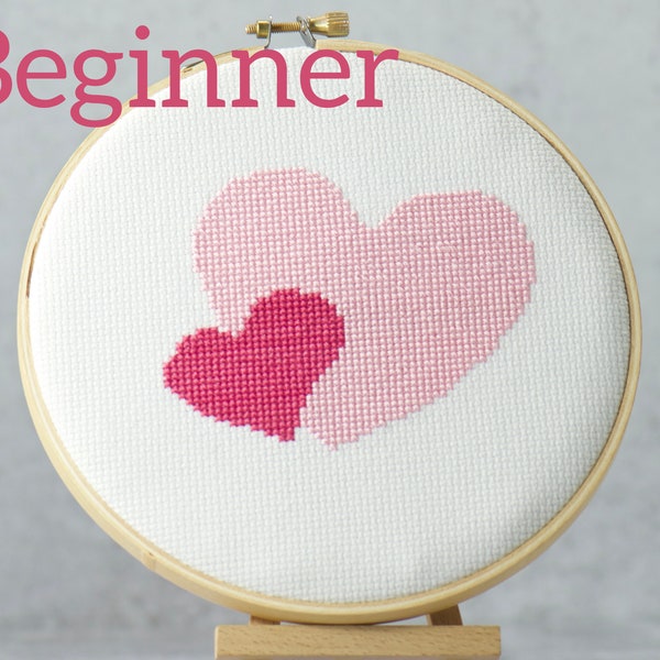 Beginner Hearts for the New Learner, Pink Hearts Counted Cross Stitch Pattern, Instant PDF Digital Download, Simple Hearts Design