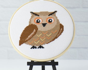 Autumn Owl Modern Cross Stitch Digital Pattern. Easy PDF download hand embroidery craft project for hobbies. Perfect for beginner stitcher